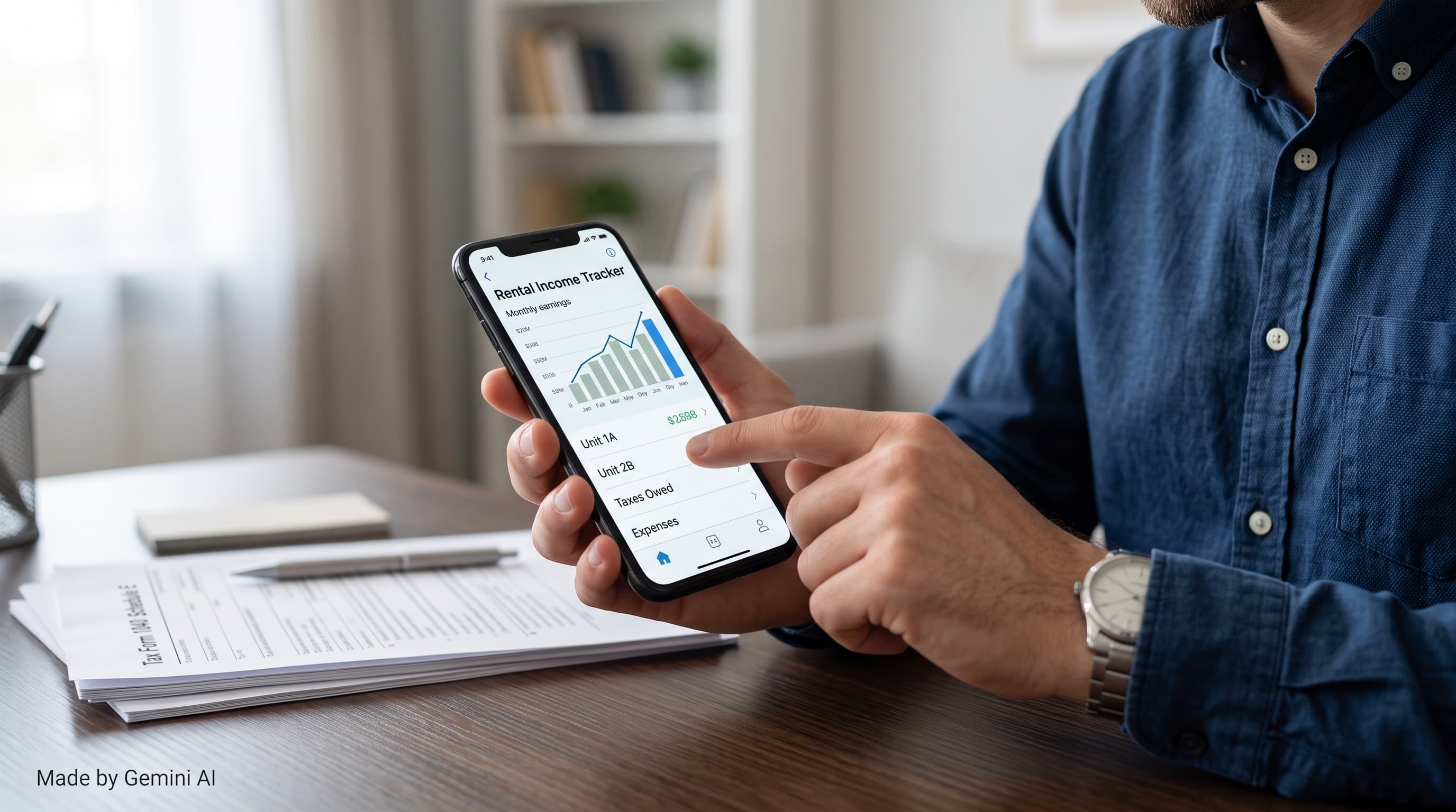 A landlord checks rental income and tax records using a smartphone app