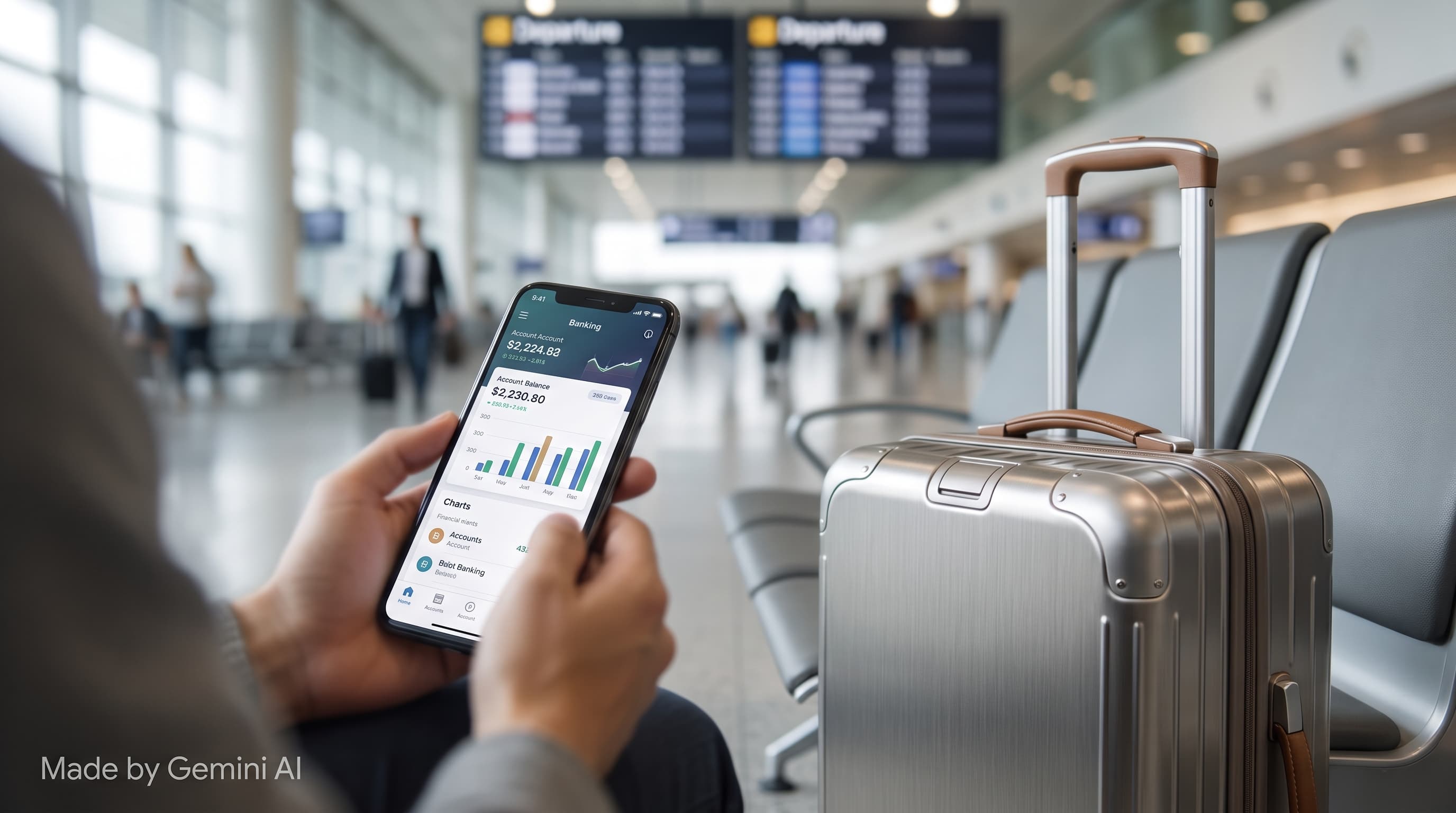 Traveller at an airport checking a mobile banking app beside their luggage