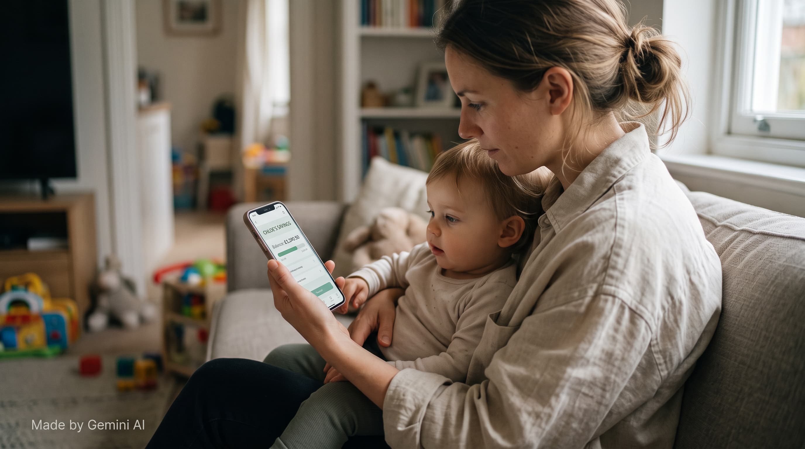 Parent checking a child's investment account on a phone at home