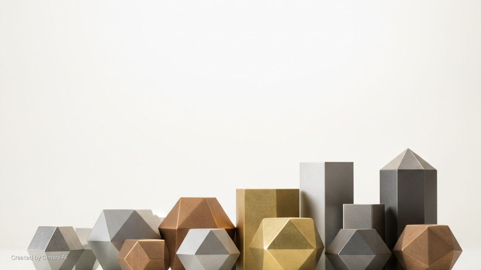 A brightly lit arrangement of metallic geometric solids, including faceted shapes, rectangular prisms, and pointed towers, in gold, silver, bronze, and dark grey, is displayed on a reflective surface against a plain light background.
