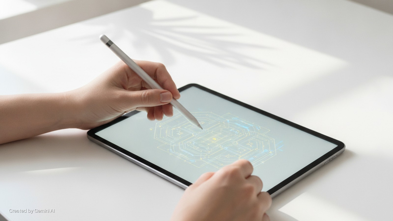 A person's hands hold a stylus over a tablet displaying a circuit-like pattern on a white table, illuminated by natural light casting leaf shadows.
