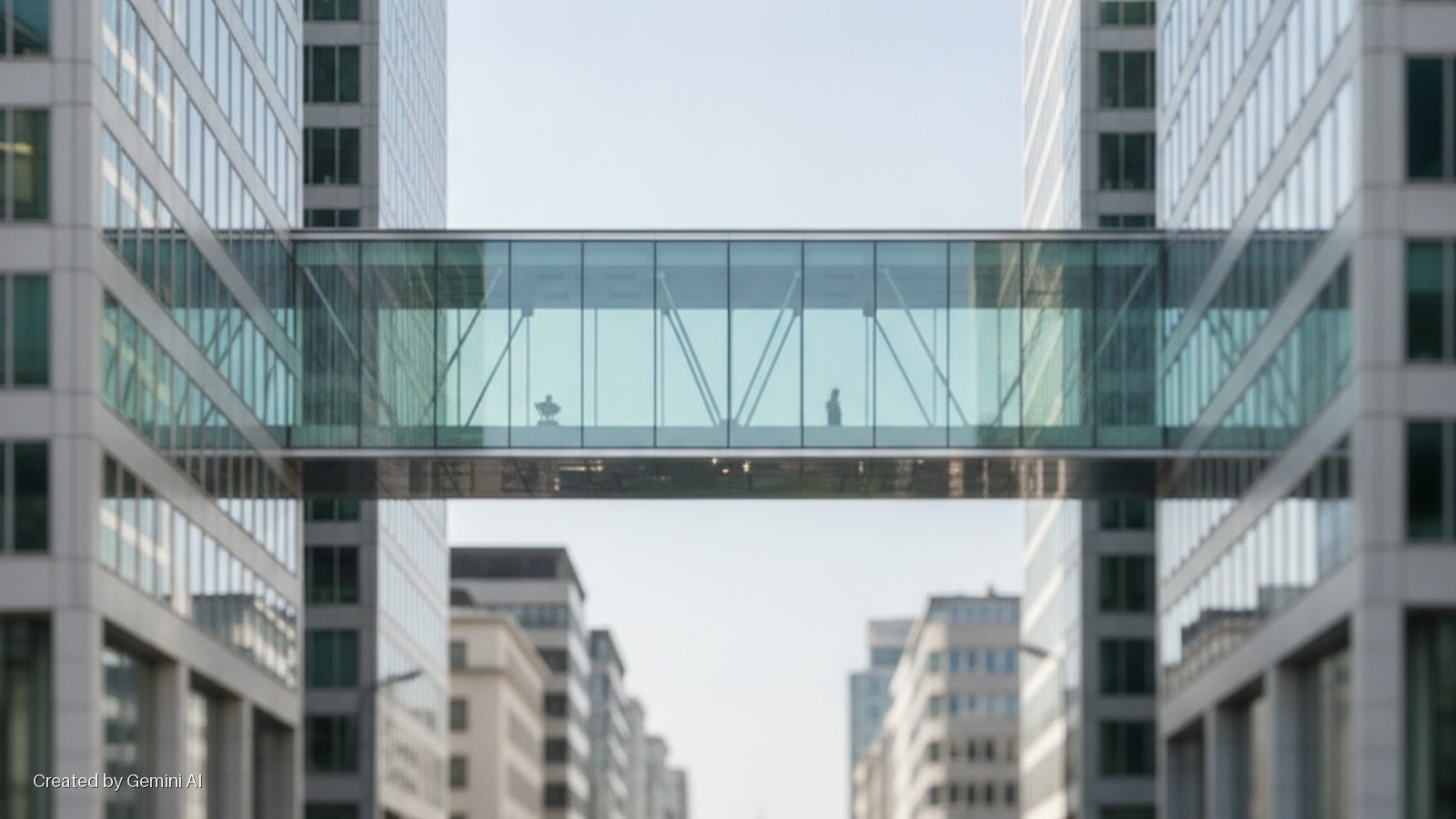 Two modern office buildings are connected by a glass skybridge under bright daylight, with two silhouetted figures visible inside and a blurred cityscape in the background.