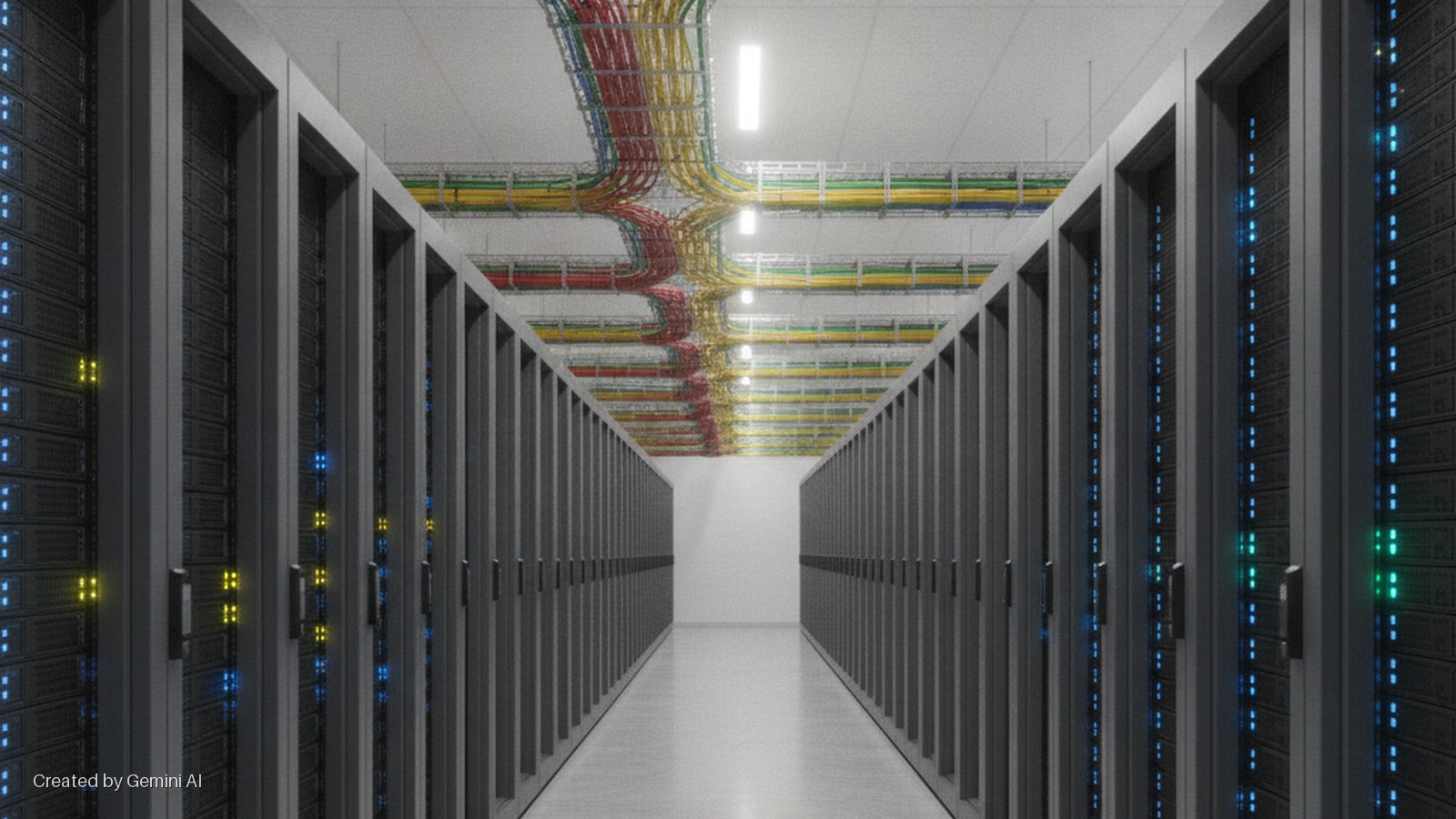 A brightly lit data center aisle features two rows of server racks with glowing blue, yellow, and green lights, beneath a ceiling crisscrossed by colorful network cables in wire trays.