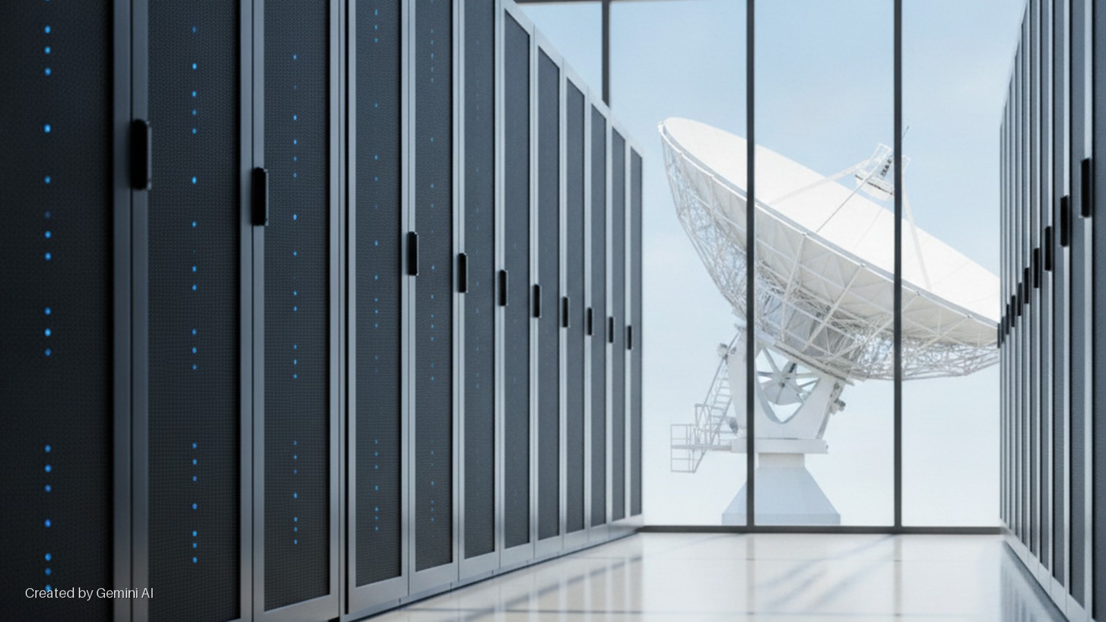 A bright, modern data center features rows of server racks with blue indicator lights, facing large windows that reveal a white satellite dish against a clear sky.
