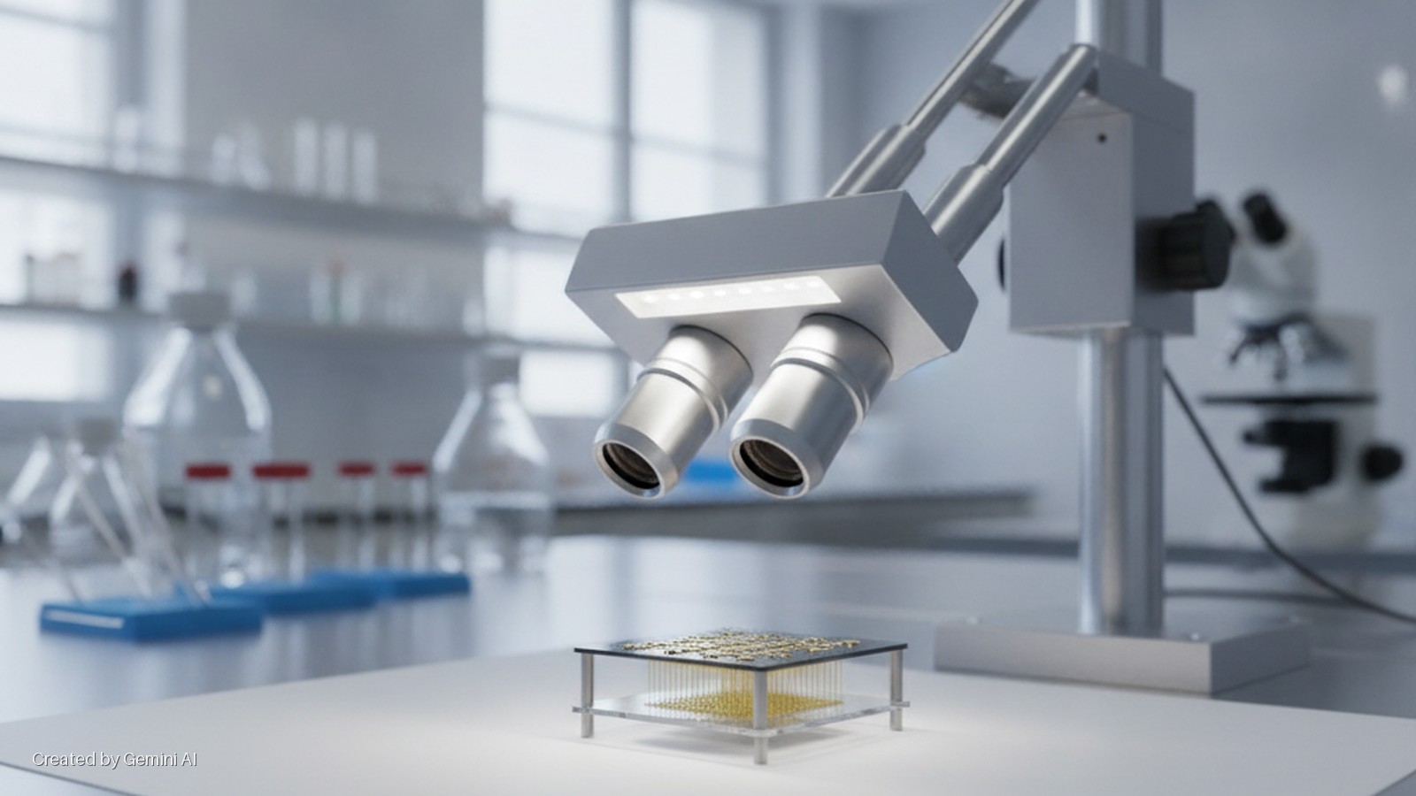 A brightly lit laboratory features a stereo microscope illuminating a gold-colored sample array on a white bench, with blurred scientific glassware and equipment in the background.