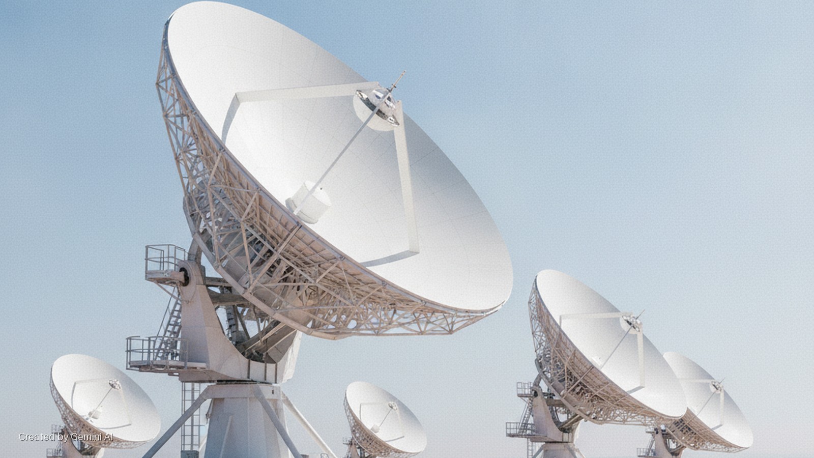 An array of large white radio telescope dishes stands against a clear blue sky under bright daylight.