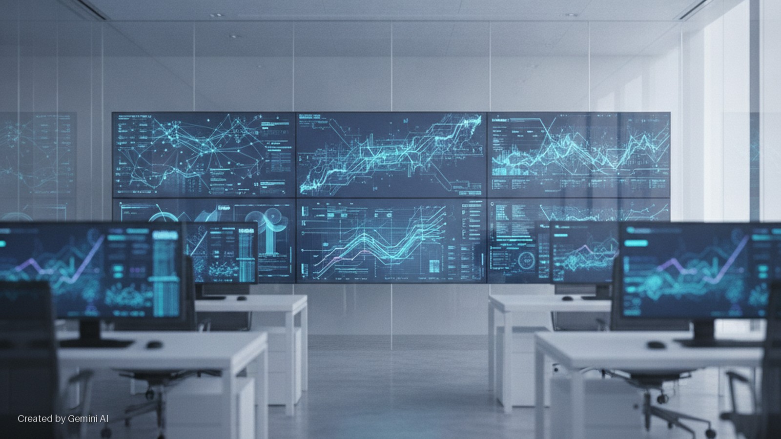 A brightly lit modern control room features rows of desks with computer monitors in the foreground, facing a large multi-screen video wall displaying intricate blue data visualizations and graphs.