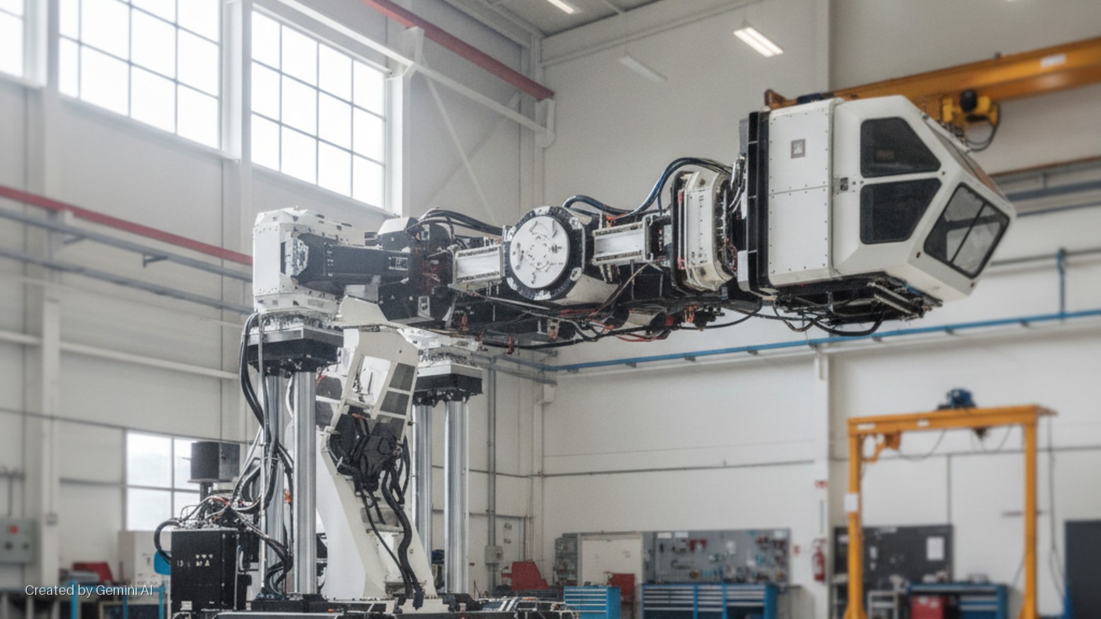 A massive white robotic arm with a control cabin attachment is situated in a brightly lit industrial building with large windows and an overhead crane.