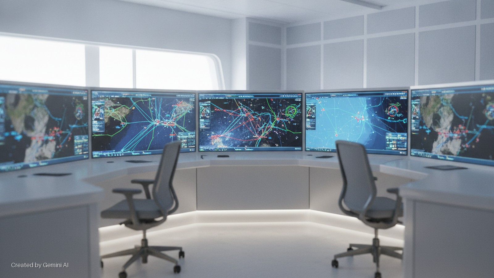A brightly lit control room features a curved console with five large monitors displaying detailed tracking maps and two ergonomic office chairs.