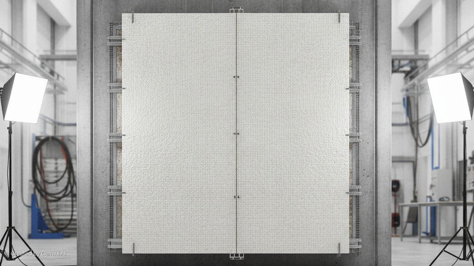A large, textured white panel is mounted on a concrete wall with a visible metal framework, flanked by two bright studio softbox lights in an industrial testing facility.