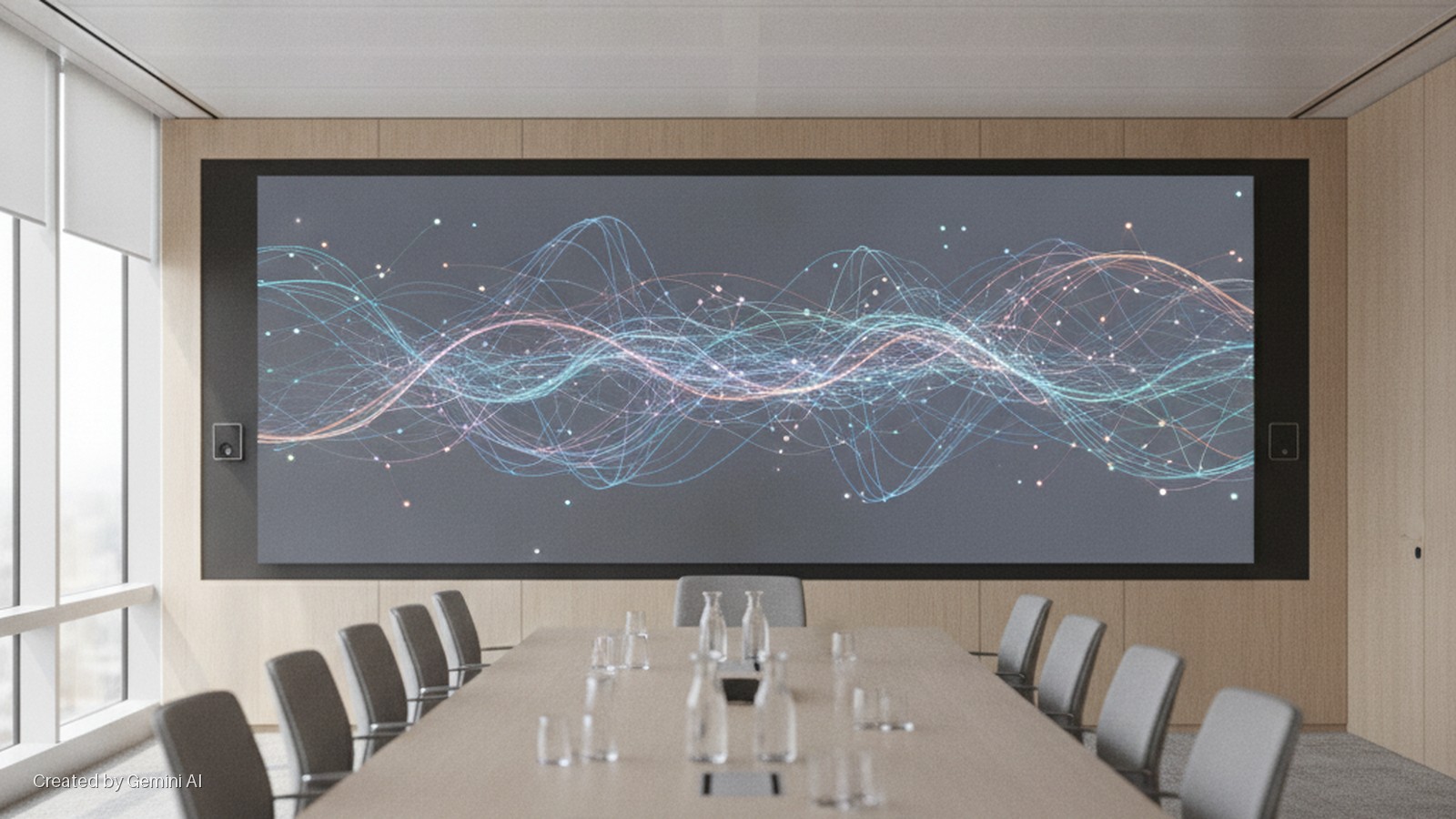 A modern conference room features a large wall-mounted screen displaying abstract colorful wavy lines and connected dots, flanked by speakers, a long meeting table set with glass carafes and chairs, under bright natural light from large win