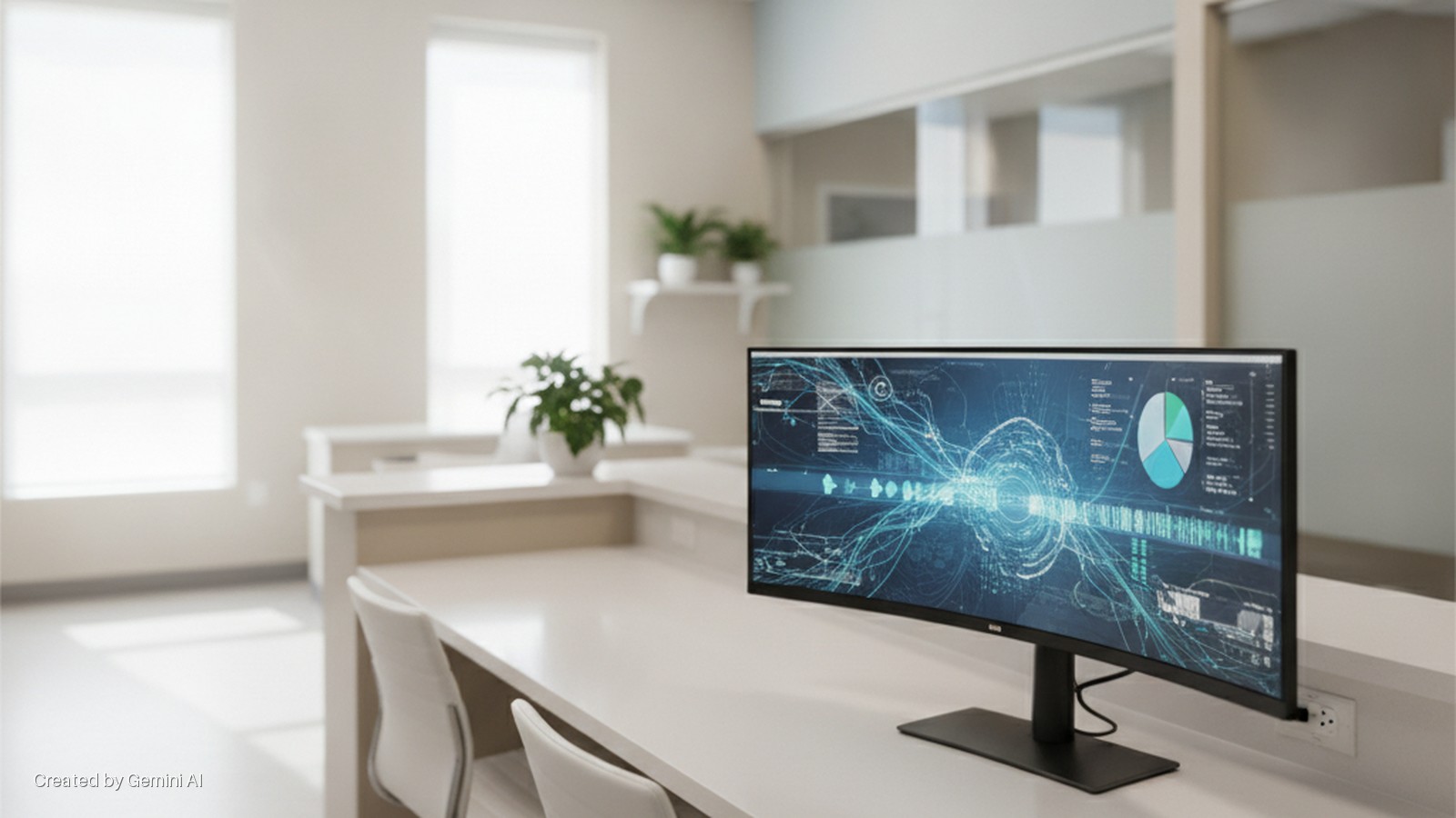 A brightly lit modern office workstation features a curved monitor displaying complex data and charts, set on a white desk with white chairs and natural light from windows.