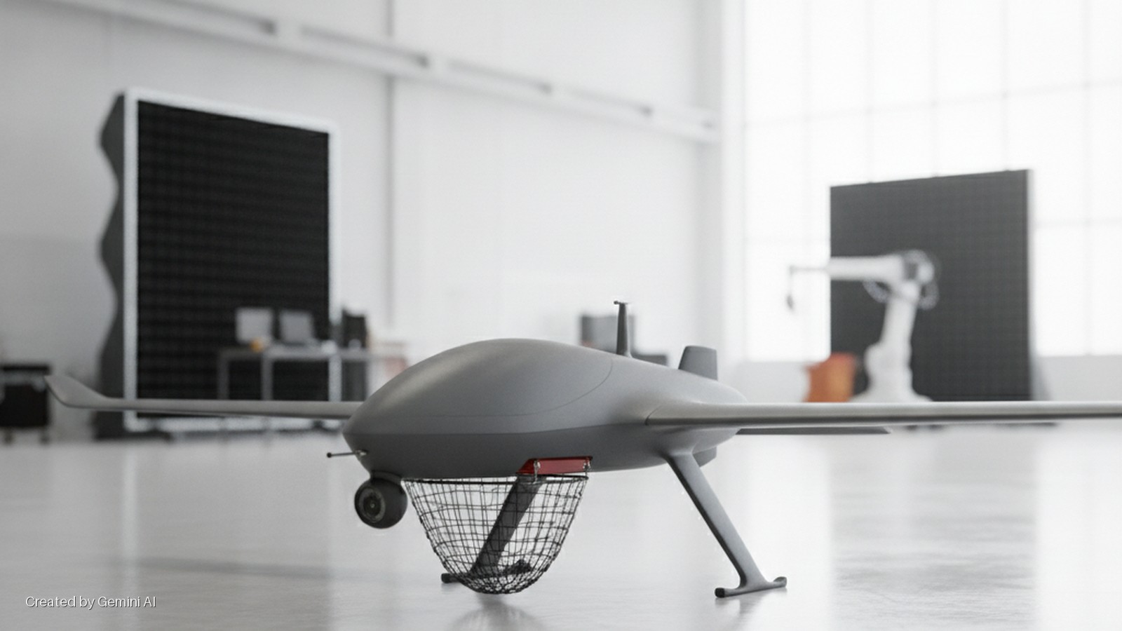 A grey fixed-wing drone with a recovery net attached to its underside rests on a shiny floor in a brightly lit industrial or research facility, with large black acoustic panels and a robotic arm visible in the soft-focus background.