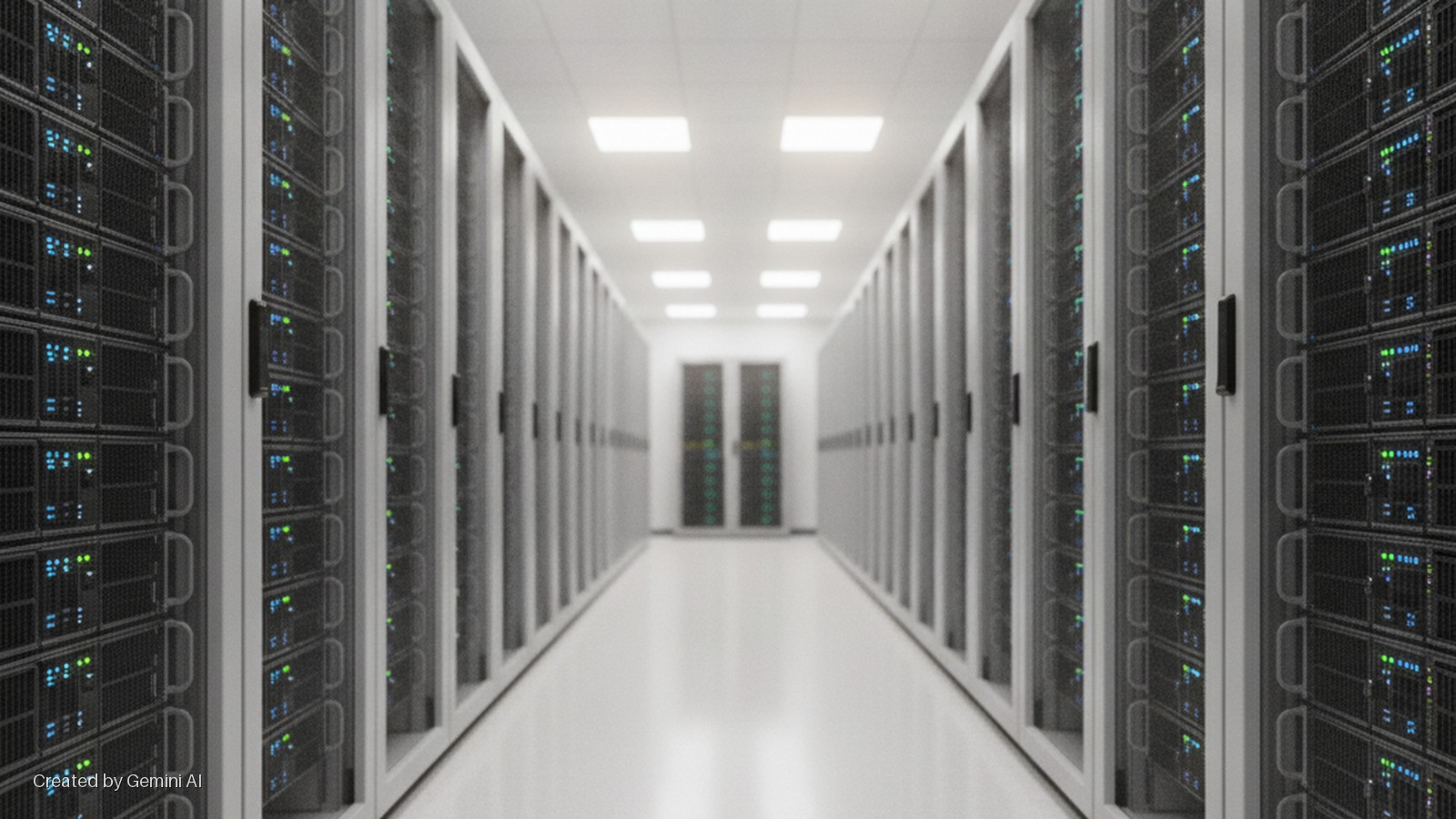 A long data center aisle lined with rows of server racks featuring blinking green and blue indicator lights, illuminated by bright overhead panel lights, leading to a closed double door at the far end.
