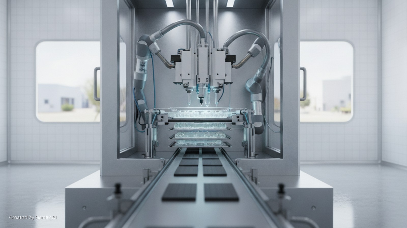 A brightly lit sterile room features an automated industrial machine with multiple dispensing nozzles over stacked trays of a transparent gel, while a conveyor belt carrying dark rectangular items extends forward, with rounded windows showi