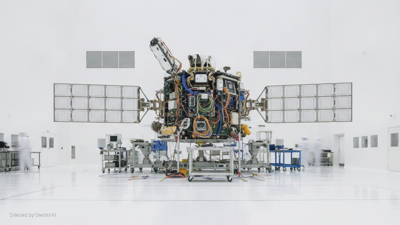 A satellite with visible internal wiring and deployed solar panels stands centered in a large, brightly lit cleanroom with blurred cleanroom-suited technicians and equipment carts around.