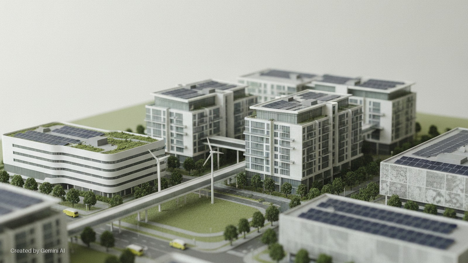 A detailed architectural model of a modern green city features multiple white buildings topped with solar panels and green roofs, interconnected by elevated pedestrian walkways, with miniature yellow vehicles on roads, trees, and a wind tur