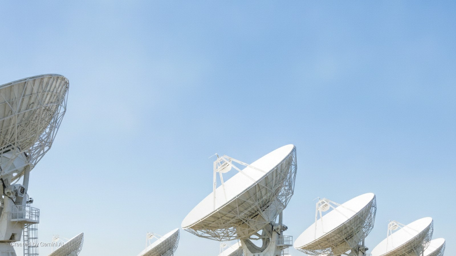 An array of large white radio telescopes stands under a clear blue sky, brightly lit by daylight.