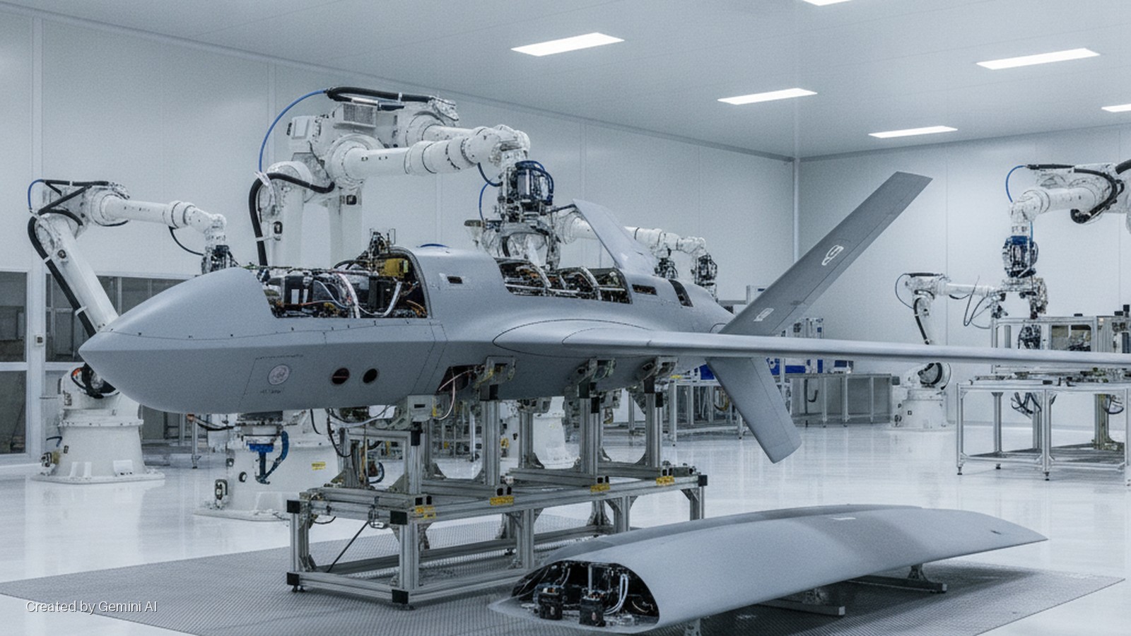 A grey, partially assembled uncrewed aerial vehicle (UAV) with visible internal components is supported by metal stands and surrounded by multiple white robotic arms in a brightly lit, clean manufacturing facility, with a detached fuselage 