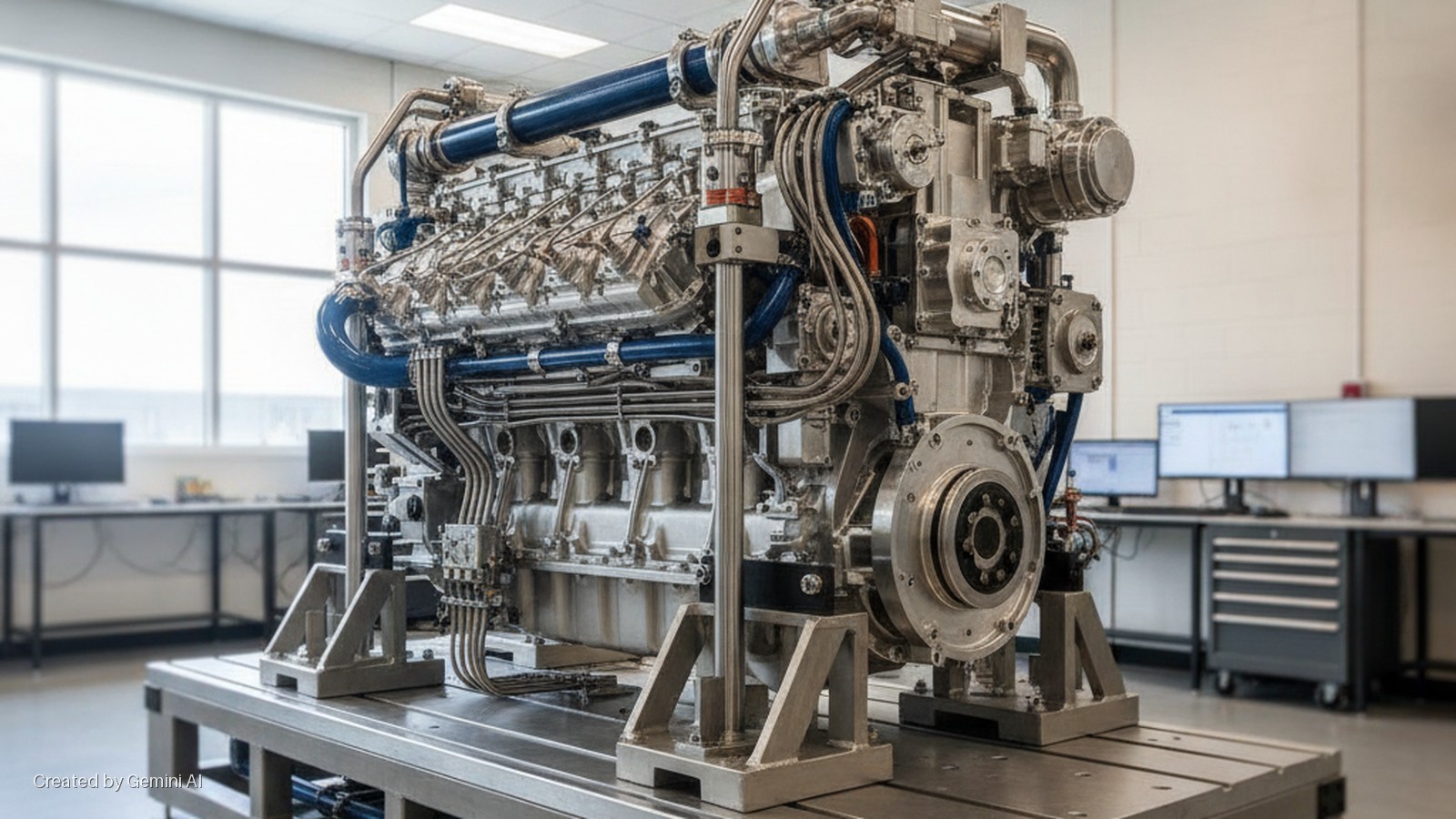 A large, intricate silver industrial engine with prominent blue piping sits on a metal stand in a well-lit laboratory, with large windows and computer workstations visible in the background.