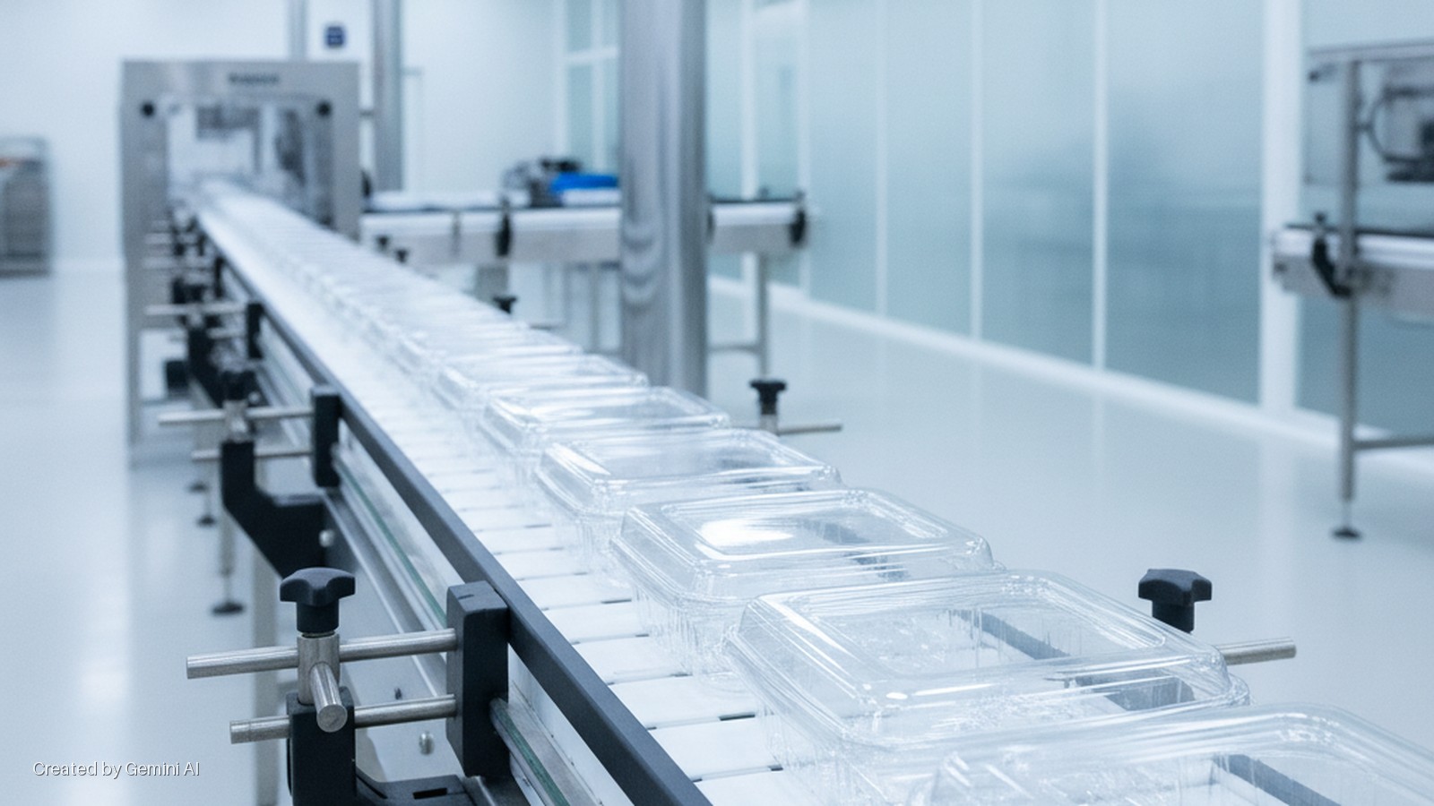 Rows of clear plastic containers move along a conveyor belt in a brightly lit, sterile clean room production facility.
