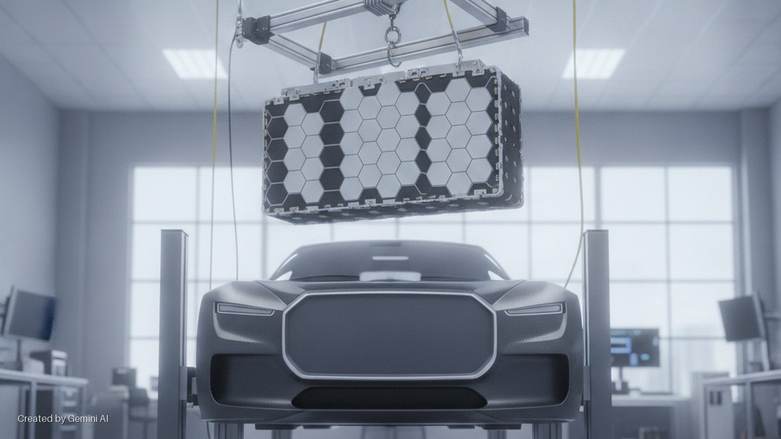 A large hexagonal-celled battery pack is lowered by an overhead crane onto an electric vehicle chassis on a lift in a brightly lit workshop.