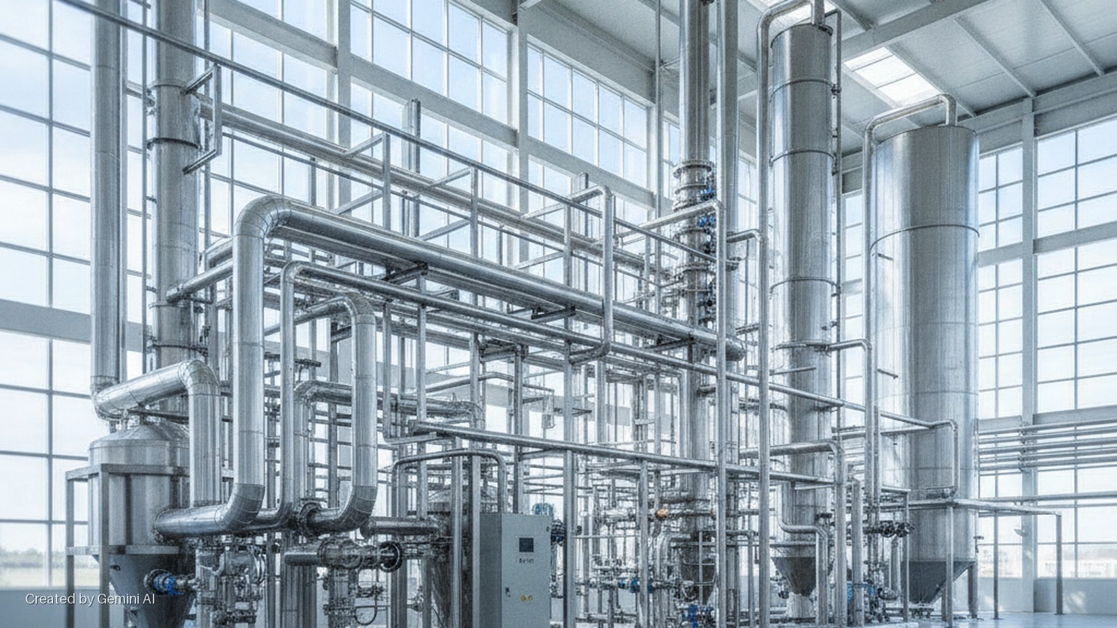 A brightly lit industrial processing plant features an intricate network of polished stainless steel pipes, large vertical tanks, and distillation columns, with natural light streaming through expansive windows.