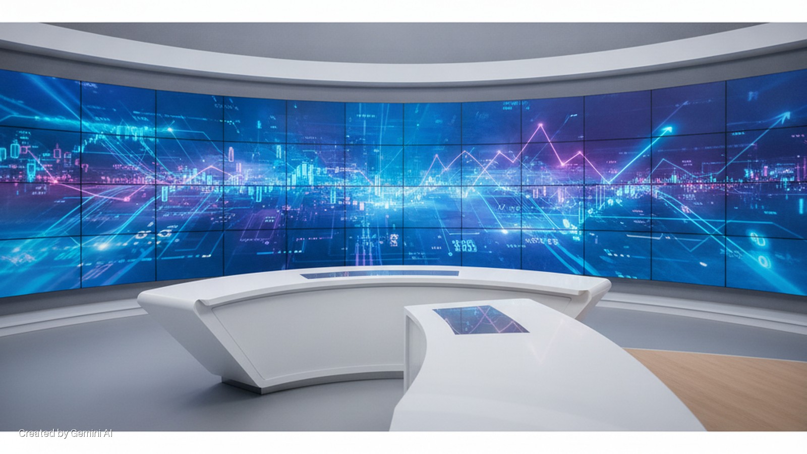 A modern broadcast studio with a bright, curved video wall displaying blue and pink digital financial charts and data, and two white curved desks in the foreground.