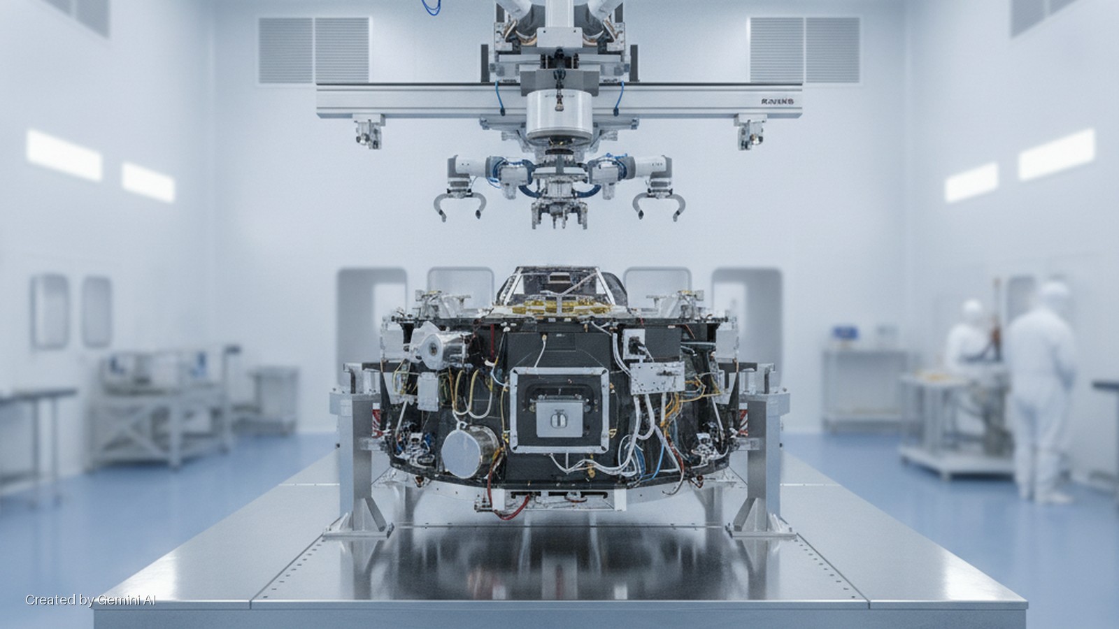 A large robotic arm system with multiple grippers hovers over a complex piece of spacecraft hardware on a metallic table in a brightly lit cleanroom, with blurred figures in clean suits visible in the background.