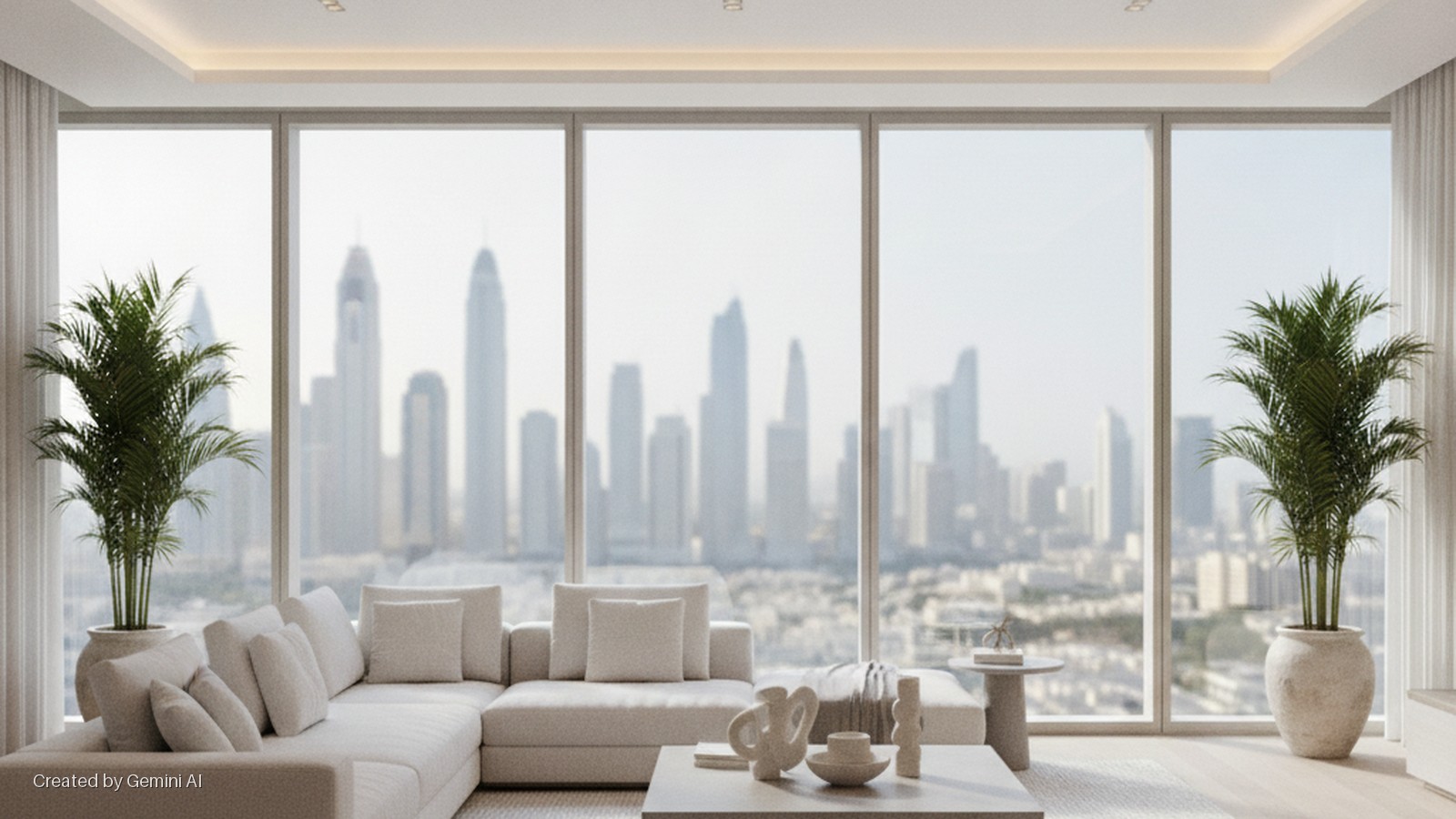 A modern living room with a cream sectional sofa, coffee table, and two large potted palm plants, featuring floor-to-ceiling windows overlooking a blurred city skyline under bright natural light.