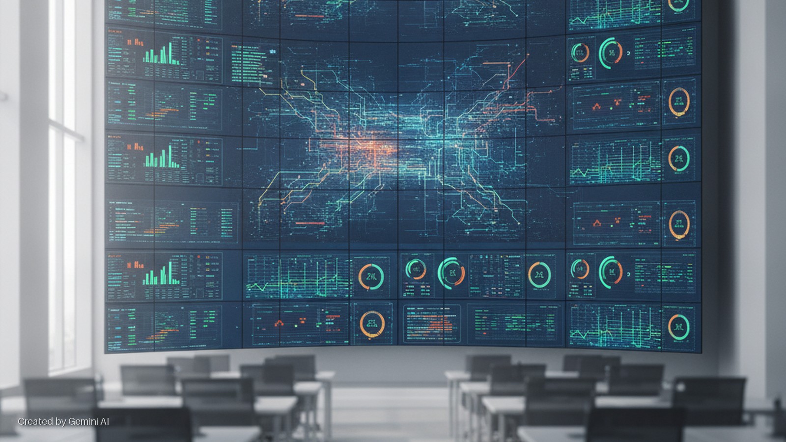 A large, curved multi-screen video wall displays a glowing network map and data visualizations in a brightly lit room with blurred tables and chairs in the foreground.