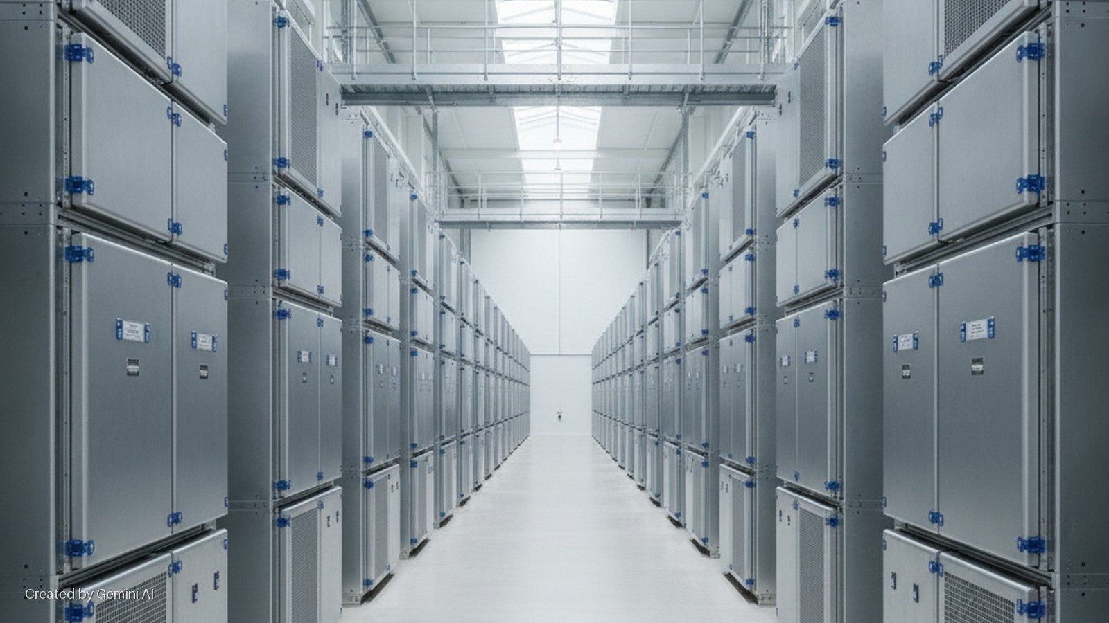 A long, brightly lit industrial corridor is lined with tall, silver-grey modular equipment cabinets, some with grilles and blue clasps, beneath an overhead metal walkway and skylights.