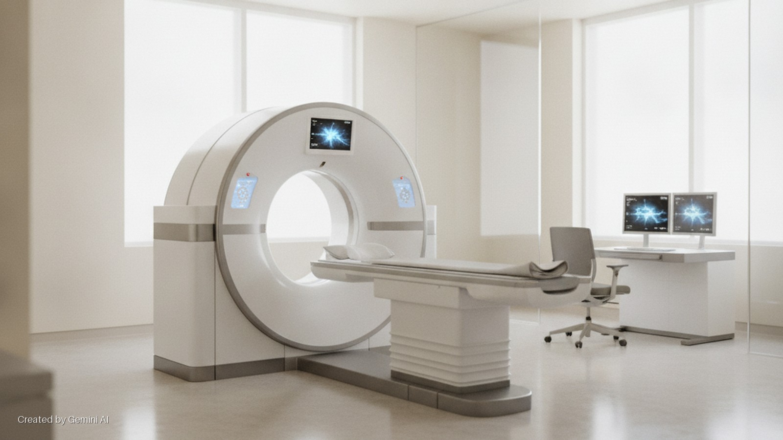 A modern CT scanner with an adjustable patient table sits in a brightly lit medical imaging room, alongside a desk with two computer monitors and an office chair, all illuminated by large windows.