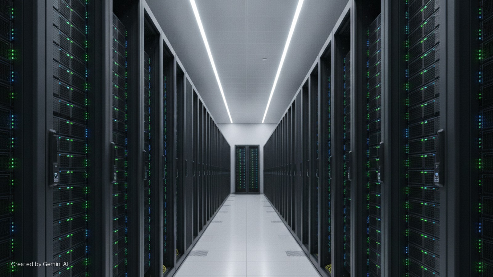 A long data center aisle is lined with dark server racks with blinking green and blue indicator lights, brightly illuminated by overhead strip lights.