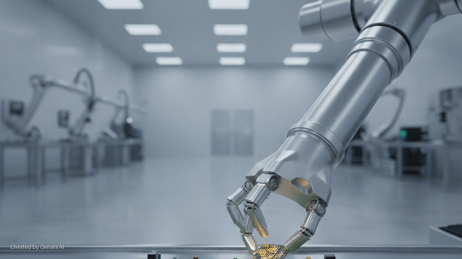 A silver robotic arm precisely places a gold microchip onto a surface in a brightly lit cleanroom, featuring other robotic equipment and rectangular ceiling lights.