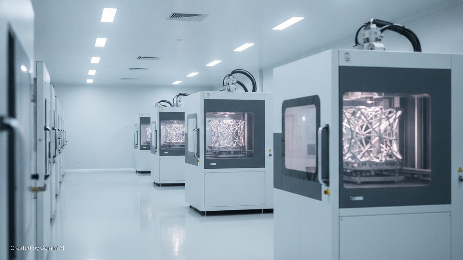 A brightly lit industrial cleanroom features fluorescent ceiling lights, a row of metal additive manufacturing machines on the right displaying complex metallic lattice structures, and a blurry row of white cabinets on the left.