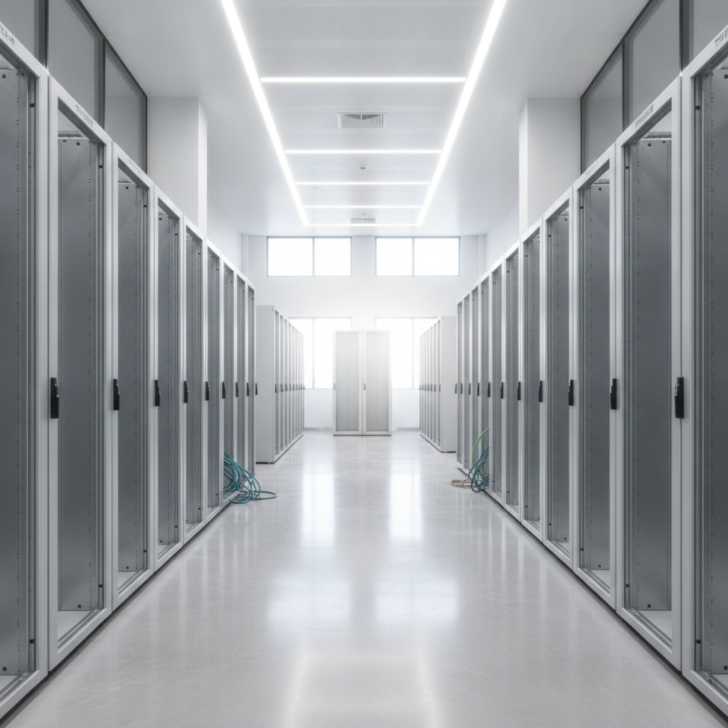 A brightly lit server room hallway features rows of empty silver server racks, overhead strip lighting, and large windows providing natural light at the far end.