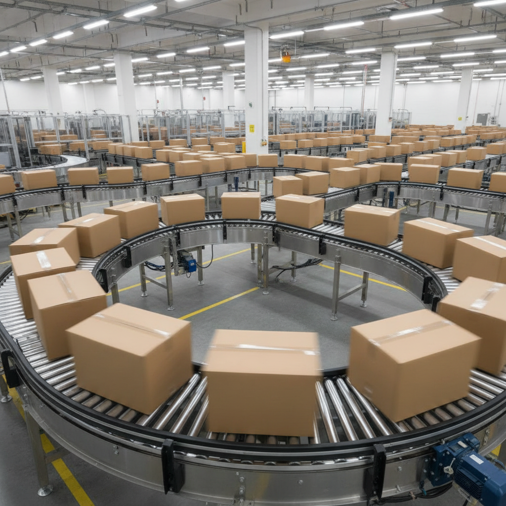 Cardboard boxes move along a complex system of metal conveyor belts in a brightly lit, modern warehouse.