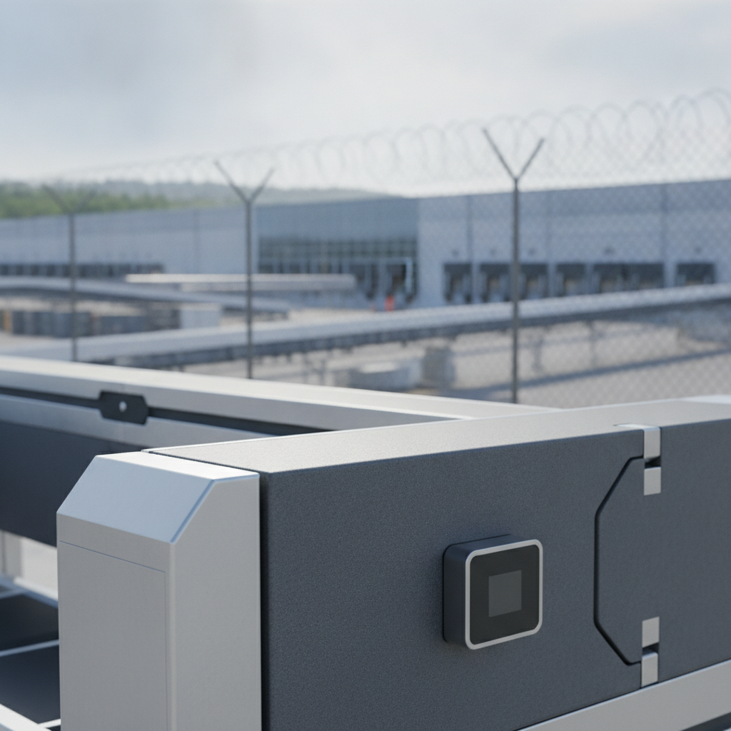Modular industrial equipment with a square display in the foreground, overlooking a warehouse complex with loading docks and a barbed-wire fence under bright daylight.