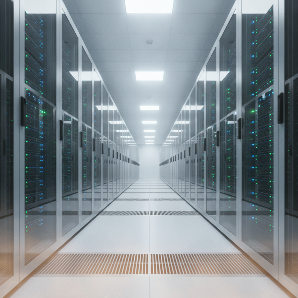 A brightly lit data center hallway features long rows of server racks with glowing blue and green indicator lights, leading to a vanishing point, with perforated floor tiles in the foreground.