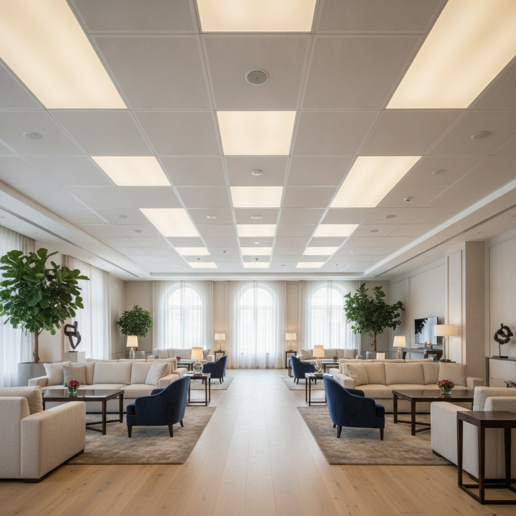 A modern and elegant lounge features cream sofas, blue armchairs, and potted plants, illuminated by a grid ceiling with square and rectangular light panels, and natural light from arched windows.