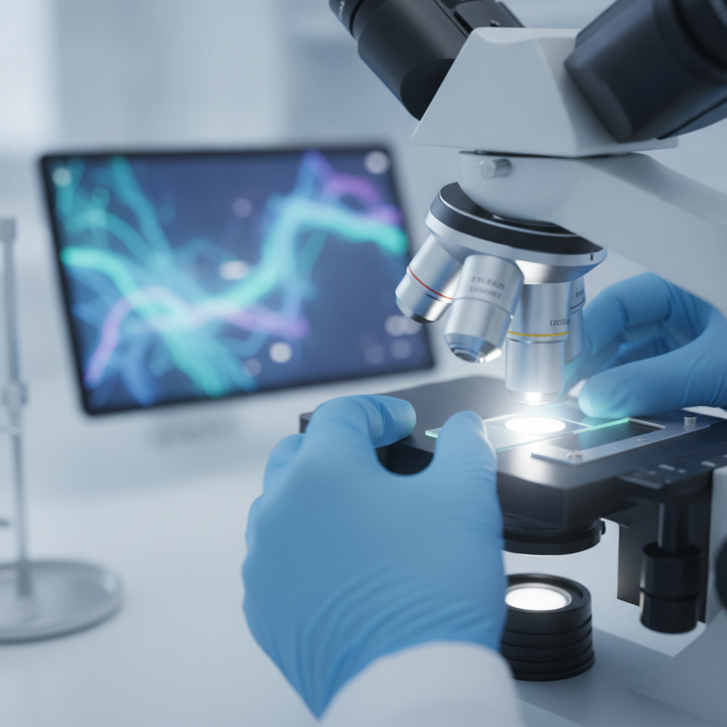 Close-up of gloved hands adjusting a microscope slide on a brightly lit microscope in a laboratory, with a tablet displaying scientific graphics in the background.