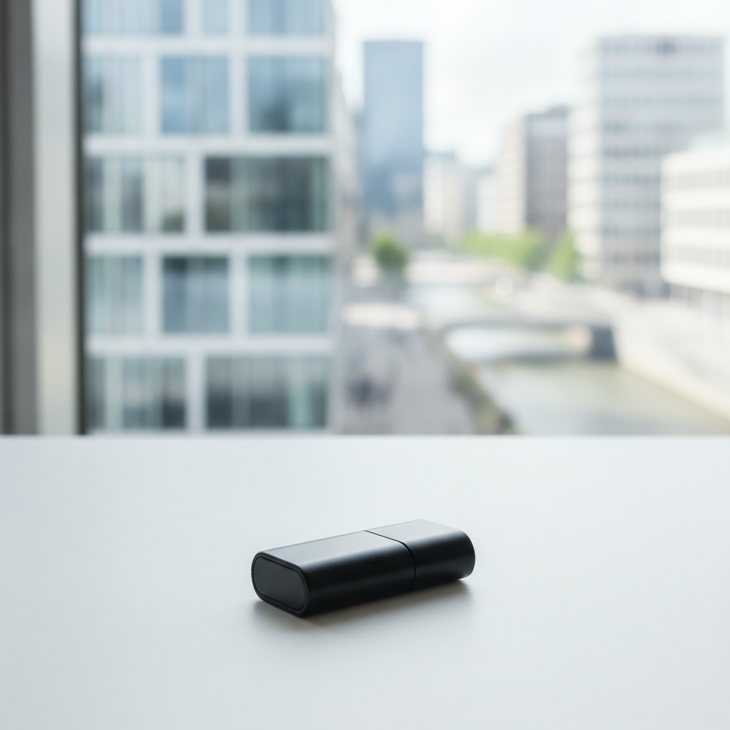 A black USB drive rests on a white table, set against a blurred background of modern city buildings and a river visible through a window in bright daylight.