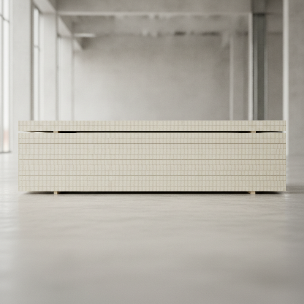 A low, long unit made of stacked light beige panels with a fine vertical texture and small wooden feet is centered on a light gray concrete floor in a brightly lit, empty room with large windows and concrete walls.