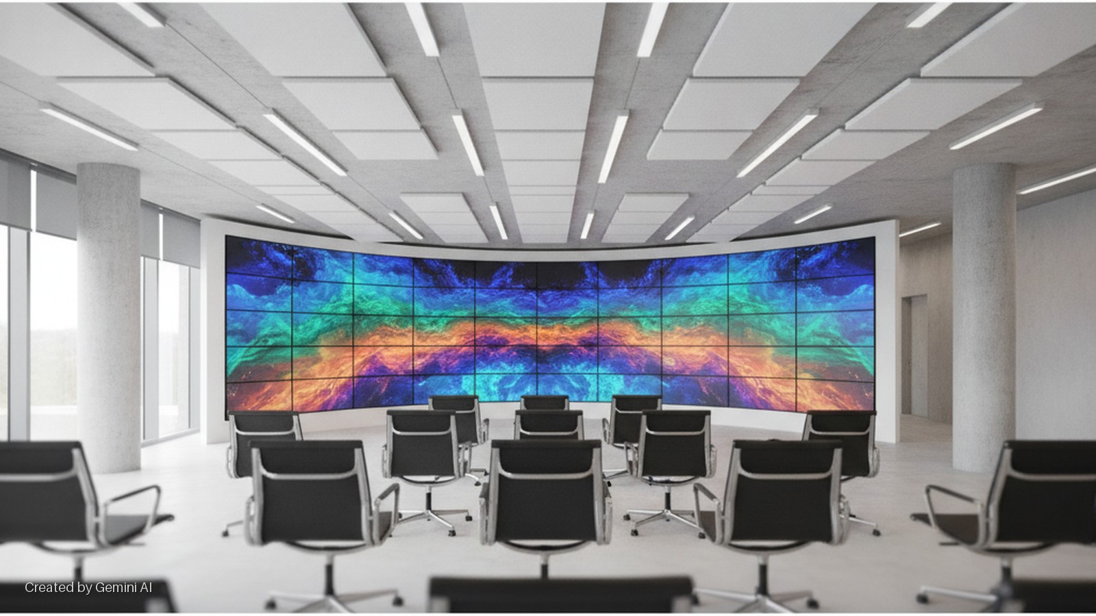 A modern conference room features rows of black office chairs arranged before a large curved video wall displaying vibrant abstract patterns, with concrete pillars, large windows, and a concrete ceiling fitted with white acoustic panels and