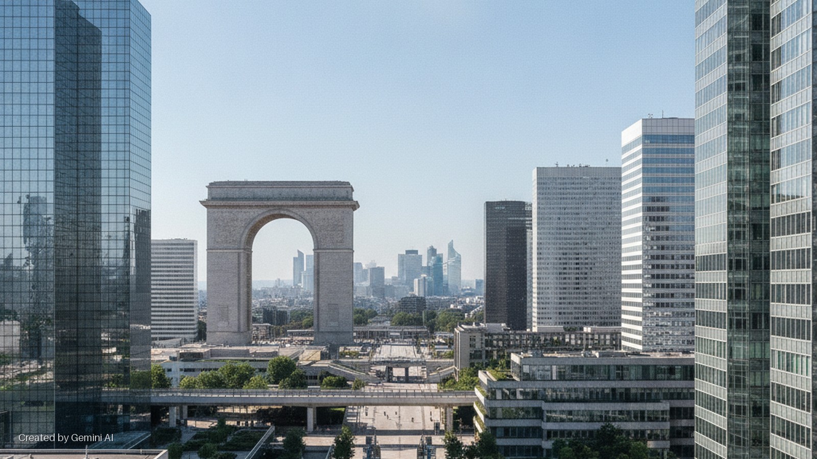 The Grande Arche de la Défense stands prominently in a bright, daytime wide shot of the La Défense business district, surrounded by numerous modern glass skyscrapers and office buildings.