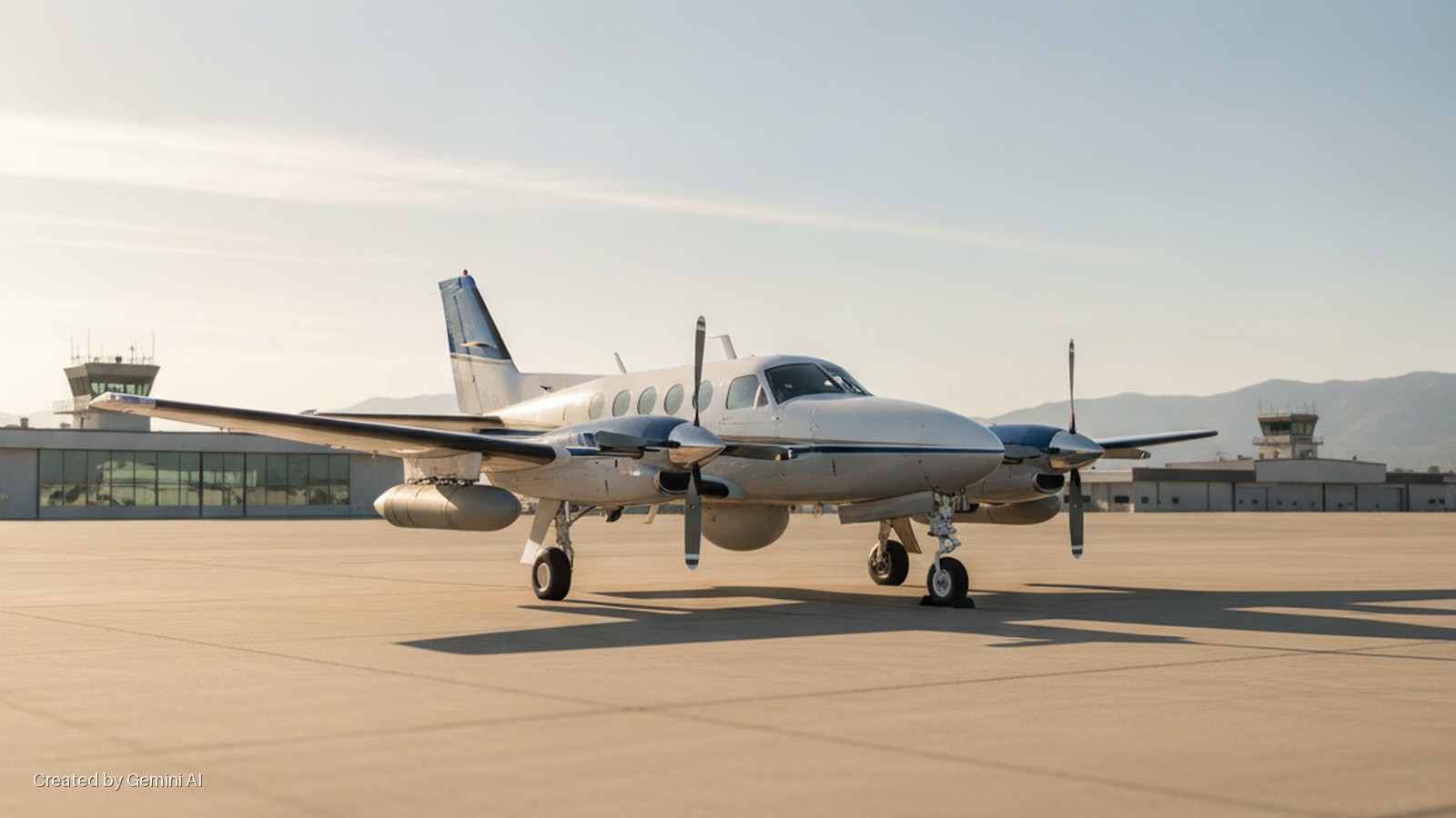 A white and blue twin-propeller aircraft is parked on an airport tarmac with a control tower and mountains in the background, illuminated by late afternoon sun.