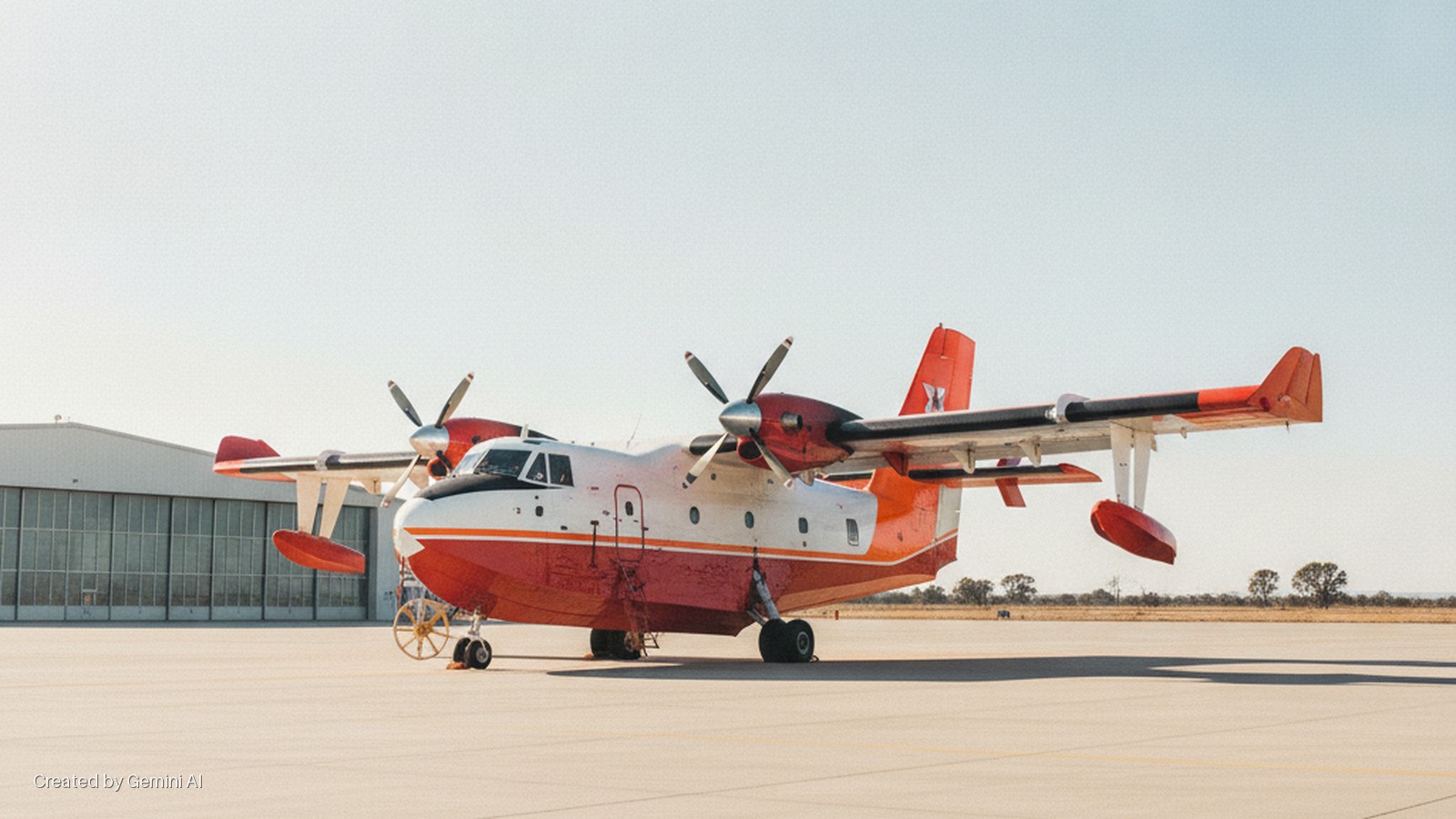 A large, red, white, and black four-engine amphibious aircraft with underwing floats rests on a sunlit airport tarmac, featuring a hangar and distant trees in the background.