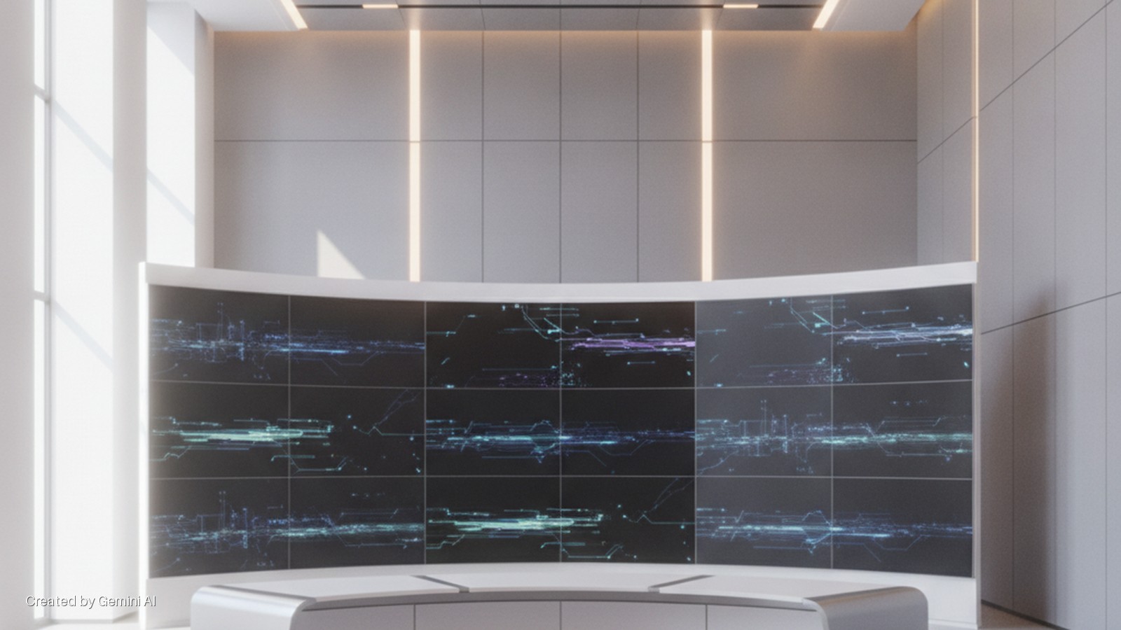 A modern studio features a large, curved multi-screen display showing abstract digital patterns, a white counter, panelled walls with glowing vertical light strips, and bright natural light from a tall window on the left.