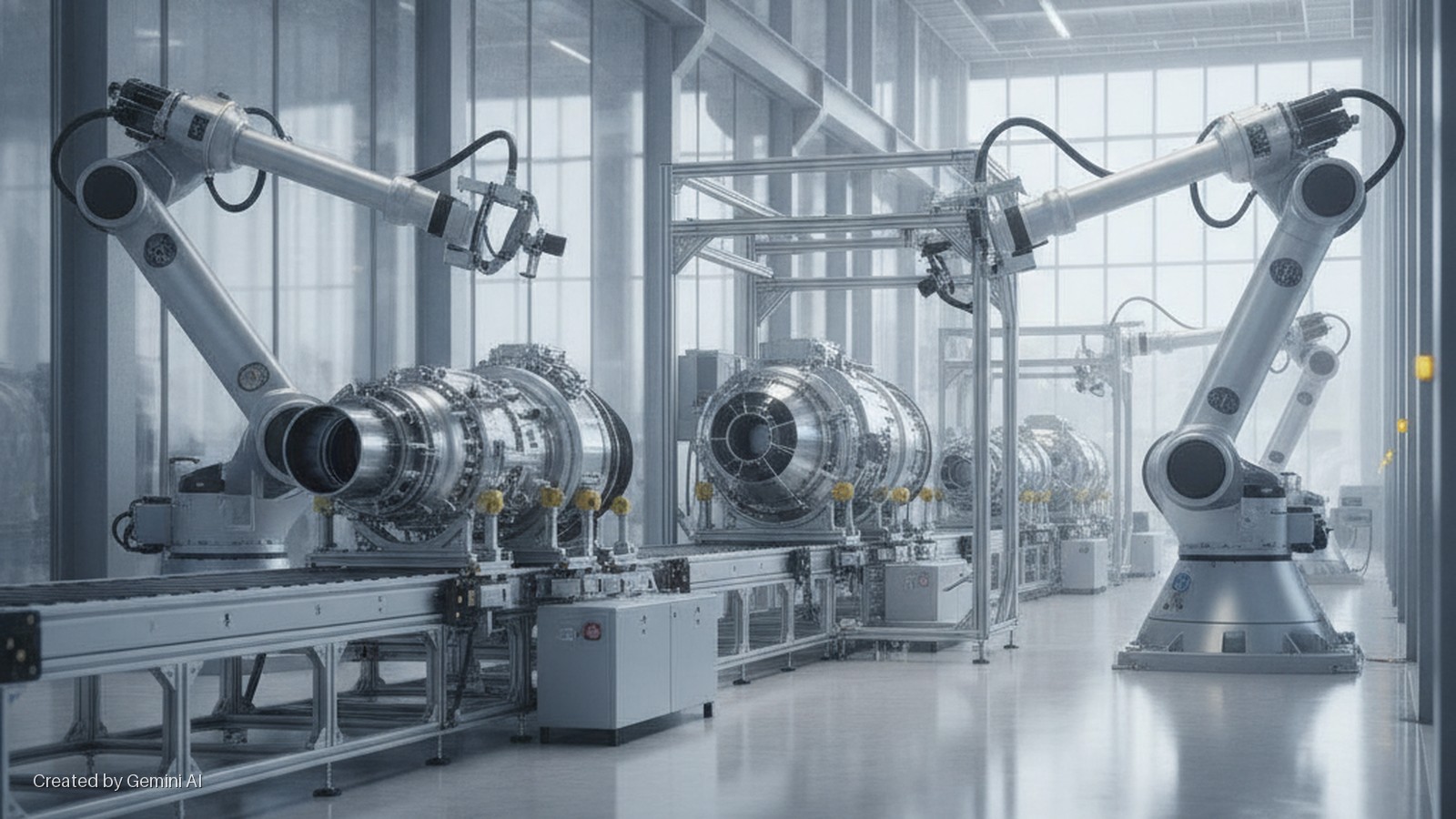 Large silver robotic arms are positioned over several jet engines on a conveyor belt in a pristine, brightly lit factory.